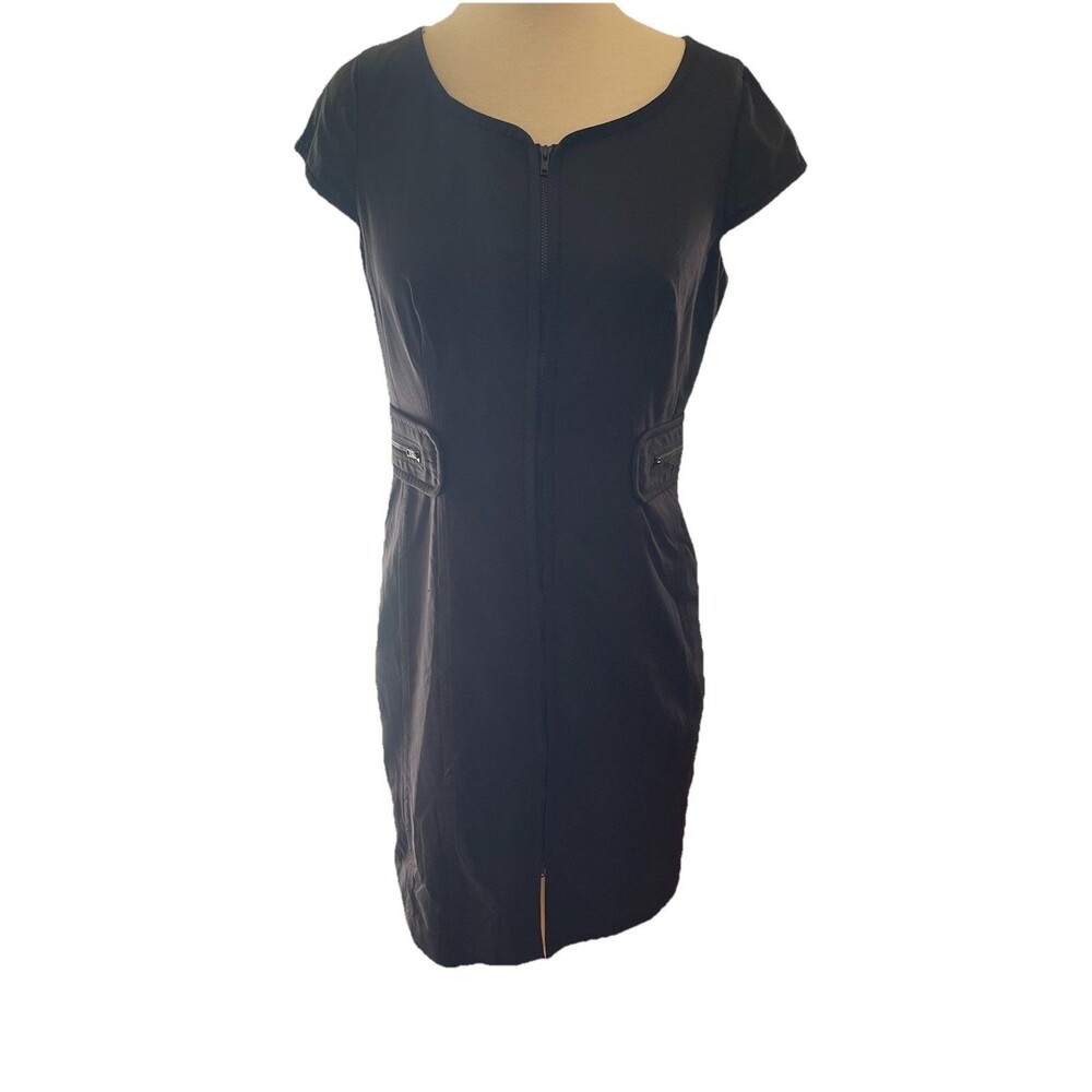 Eccoci Black Zip Up Midi Dress Women’s size 8 Pockets Cap Sleeve